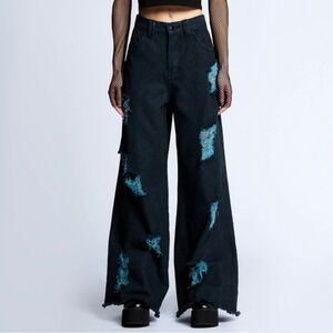 Pretty Damage Wide Leg Jeans Womens Distressed Ripped‎ Electric Mayhem Sz M NWT